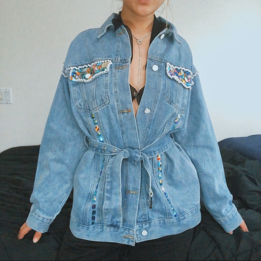 Custom rhinestone belted denim jacket